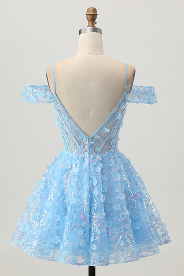 Sparkly Sequins Blue A-Line Cold Shoulder Mini Cocktail Dress with Open Back